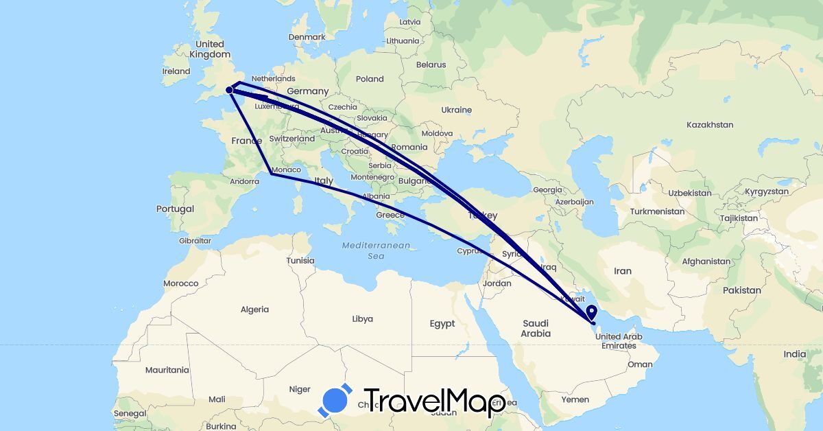 TravelMap itinerary: driving in Belgium, Bahrain, France, United Kingdom, Saudi Arabia (Asia, Europe)